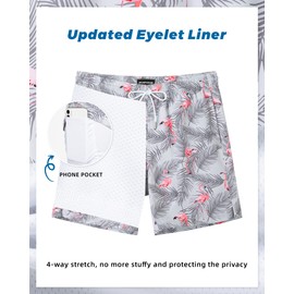 SURF CUZ Mens Swim Trunks with Compression Liner 7" Swimming Trunks Quick Dry Swim Shorts Stretch Bathing Suit Board Shorts Zipper Pockets Grey Flamingo Large