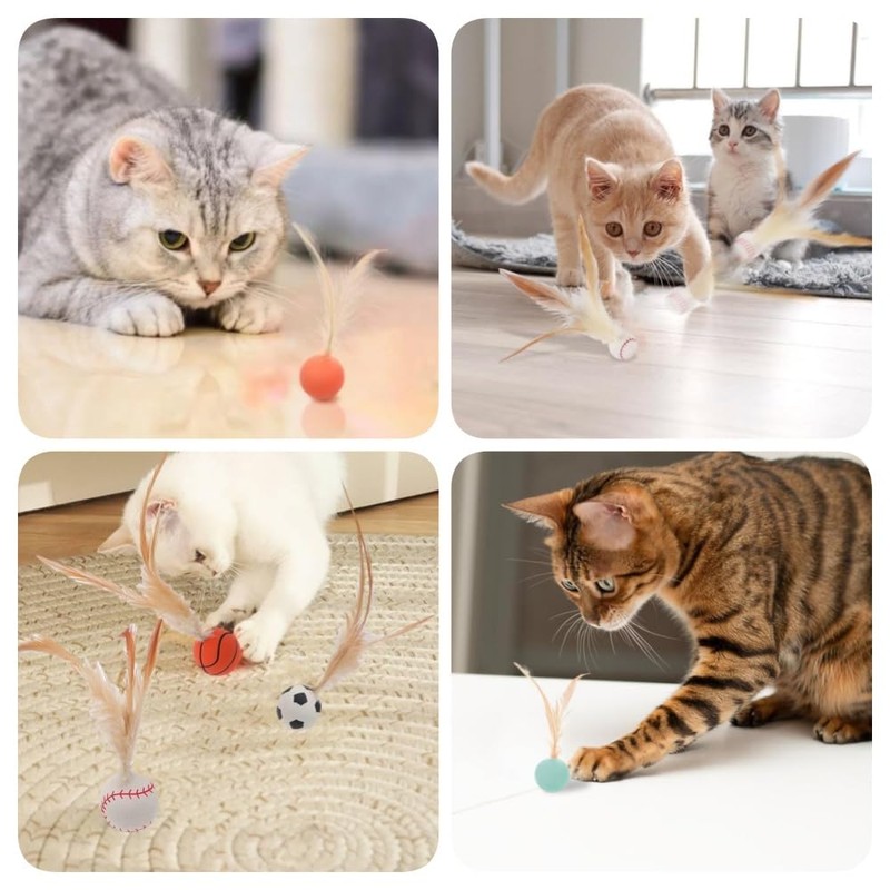 KAEGOUSY 6Pcs Cat Toy Balls with Feather Interactive Feather Toy
