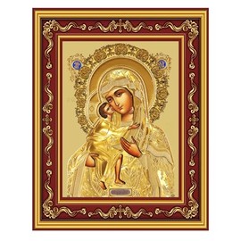 Needzo Catholic Orthodox Madonna and Child Icon, Saint Mary, Holy Virgin Mary, Theotokos, Virgin of Feodorovskaya in Gold, Wall Hanging With Stand, 5 1/2 Inch