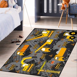 CAFCIOYG Construction Rugs for Boys Room Play Rug for Cars and Trucks Car Rug Play Mat Kids Rugs for Playroom Car Rug for Boys Room Construction Decor for Boys Room,Grey 4'×5'