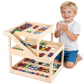 Wooden Display Case For Hot Wheels & Matchbox, 3-Level Large Capacity 1/64 Scale Matchbox Hot Wheels Toy Car Display Case Parking Garage With Ramp Diy Scale Diecast Toy Car Storage Box For 50 Toy Cars