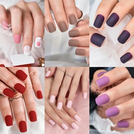 ELEVENAIL 6 Packs Red Purple Press on nails, Colorful Rubber Matte False Nails, Salon Short Square Nail Art Brown Pink Fake Nails, Reusable Daily Pre-design Fingernails