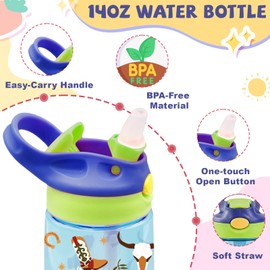 14oz Cowboy Kids Water Bottle with Straw - Western Water Bottle For School, Leakproof, Lightweight, Durable Plastic Bottles for Kids Travel, Pop-Up Straw Cover, Gift Cup for Boys Girls (Cowboy)