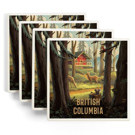 British Columbia, Slip Away, Cabin with Wildlife (Absorbent Ceramic Coasters Set of 4 Matching Images, Cork Back, Kitchen Table Decor)