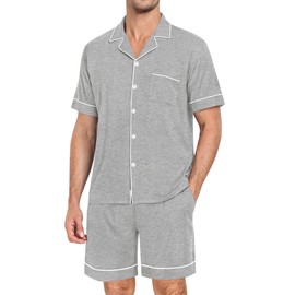 SWOMOG Mens Pajama Set Short Sleeve 2 PCS Sleepwear Button Down Soft Loungewear Modal Set Pj Set with Pockets S-3XL Grey X-Large