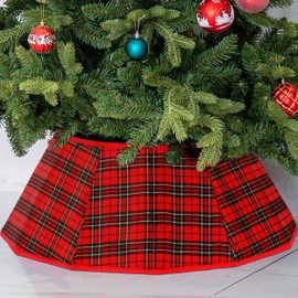 Blissun Fabric Christmas Tree Collar, Christmas Tree Ring, Willow Christmas Tree Skirt for Christmas Tree Decorations (Red & Black Plaid)