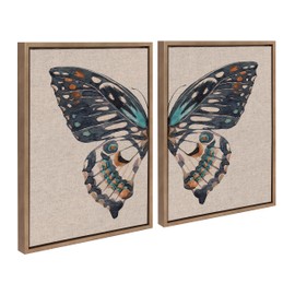 Kate and Laurel Sylvie Boho Butterfly Watercolor Diptych Neutral Linen Framed Canvas Wall Art Set by The Creative Bunch Studio, 2 Piece 18x24 Gold, Soft Animal Art for Wall