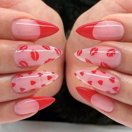 Valentine’s Day Press on Nails Medium Length Red Lip Heart French Fake Nails Glossy Almond Glue on Nails Full Cover Acrylic Nails Artificial False Nails Kit for Women and Girls 24Pcs