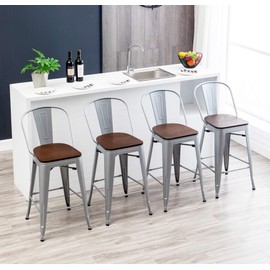 HAOBO Home 26" Swivel Metal Bar Stools High Back Counter Height Stools Industrial Barstools Dinning Chairs Set of 4 (Silver with Wooden Seat)