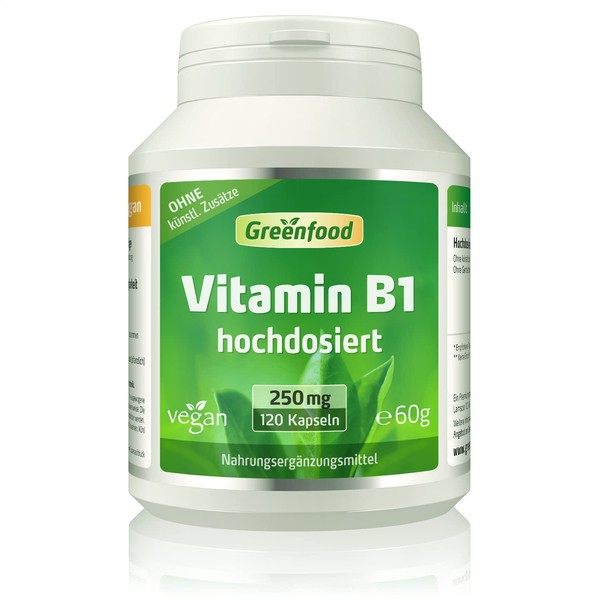 Greenfield – Vegan Vitamin B1 (Thiamin), 250 mg, Hochdosiert Vegi Capsules – Good Hearted Memory and Concentration. Make Good Vibes. No Artificial Additives. GM Free., , ,