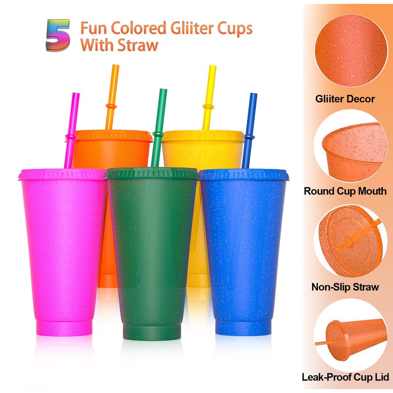 xocome 5 PCS Plastic Cups with Lids & Straws, 24OZ