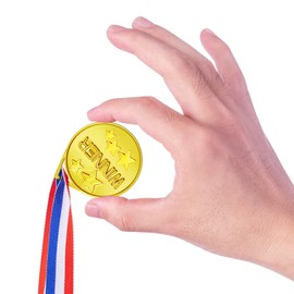 OWill 12 Golden Plastic Winner Medals With Ribbon Necklace For Performances, Competitions and Party Gifts,Sports Day Medals for Children,Adults,Kids Medals
