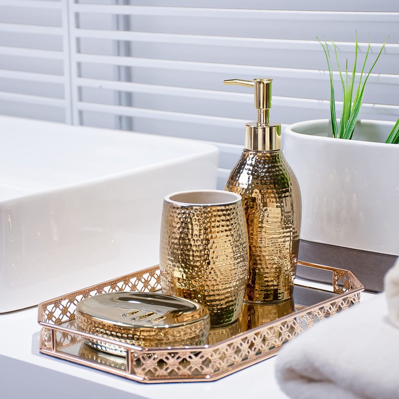Gold Bathroom Accessory Set - 3 Piece Decorative Ceramic Bathroom