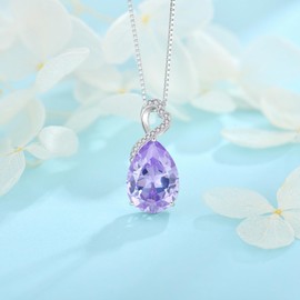 FJ Women's 925 Sterling Silver Drop Pear Shaped Necklace Birthstone Pendant Jewellery Gifts for Women, Cubic Zirconia, Alexandrite