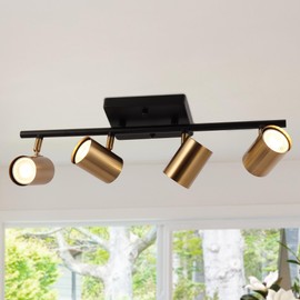 GEPOW 4 Light Complete Track Lighting Kit, Black Gold LED Ceiling Spotlight Fixture, Mid-Century Modern Kitchen Track Lights with Adjustable Heads
