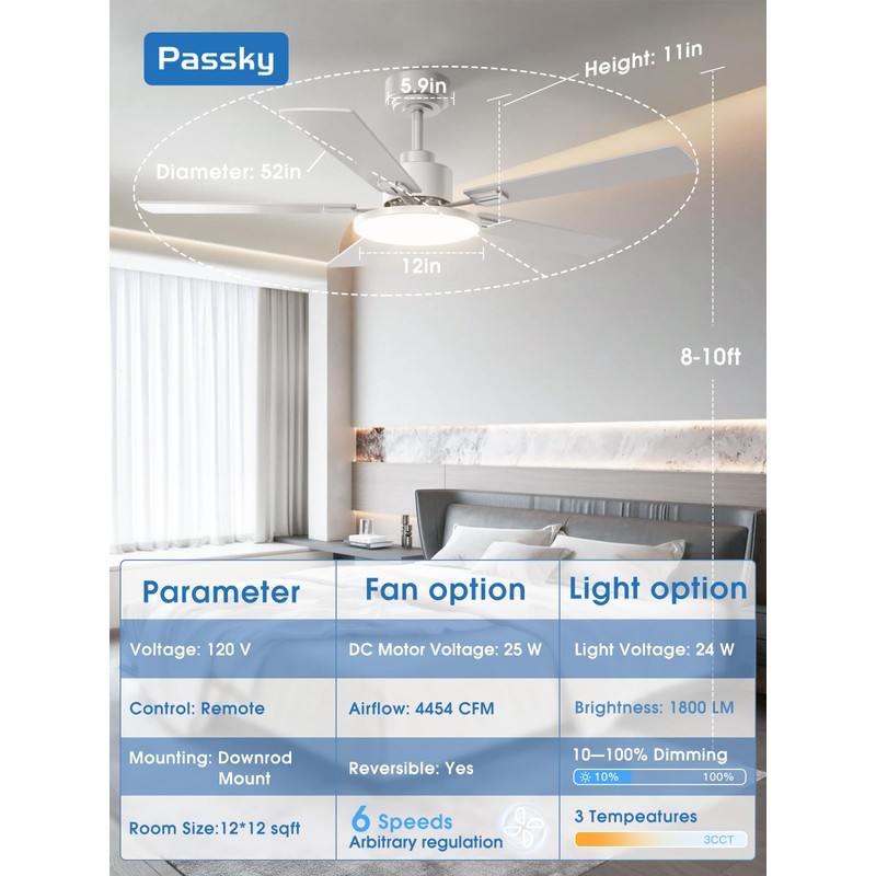 Passky Ceiling Fans with Lights, 52 inch Sleek Ceiling Fan