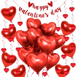 33Pcs Valentines Decorations Kits, 20Pcs 18Inch Red Heart Balloons Set, Happy Valentines Day Banner with 12Pcs Heart Hanging Swirl Streamer, for Anniversary Party Valentines Balloons Decor