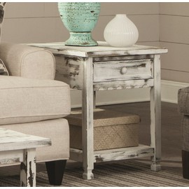 Rustic Cottage End Table with 1 Drawer and 1 Shelf, White Antique