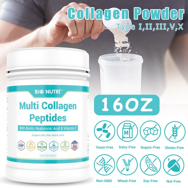 BIO NUTRI 1LB Premium Multi Collagen Peptides Powder Types I,