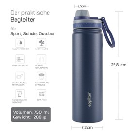 eppikan EppiSporty Stainless Steel Thermos Flask, Water Bottle, Insulated Flask, Sports Bottle, Water Bottle, 530 ml, 750 ml, Sports School Fitness, Outdoor Bottle with Sports Lid (Dark Blue, 750 ml)
