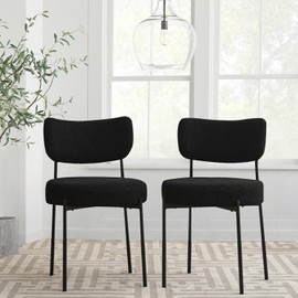 Puntogen Black Boucle Dining Chairs Set of 2, Mid Century Modern Chair Set with Upholstered Sherpa, Round Velvet Dining Room Chairs with Curved Backrest & Metal Legs, Kitchen Chairs for Living Room
