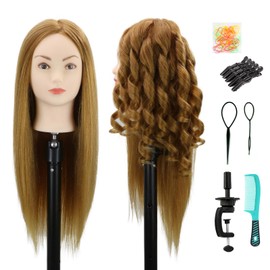mannequin head with 70% real human hair Mannequin Head Human Hair 22inch Hairdresser Practice Training Head Cosmetology Manikin Doll Head (make-uped#27 Blond)