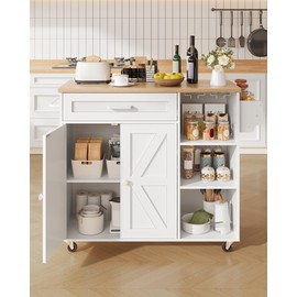 CHOEZON Kitchen Island Trolley with Power Outlet, Spice Rack, Rolling Storage Cart with Drawer, Versatile Island Table with Cabinet, for Dining Room, White and Natural MZD02UWNC1