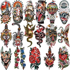 77 Sheets Waterproof Temporary Tattoo for Women or Men, 17 Sheets Larger Half Arms, Wolf, Flower, Snake, Fake Tattoos for Boys or Girls and 60 Sheets, Small Tattoo Stickers