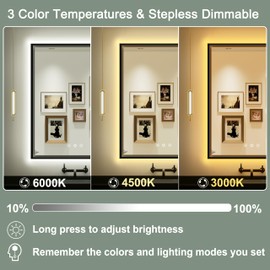 JSneijder 20x28 Inch Black LED Bathroom Mirror, 3000K/4500K/6000K, Lighted Bathroom Vanity Mirror with Front and Back Lights, Wall Mounted Dimmable Anti-Fog Floating Design Horizontal/Vertical