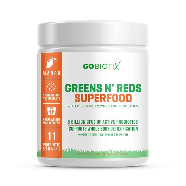 GOBIOTIX Super Greens Powder N' Super Reds Powder - Non-GMO Vegan Red and Green Superfood + Probiotics, Enzymes, Organic Whole Foods - Fruit and Veggie Supplement (Mango, 1 Pack)