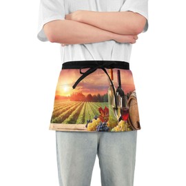 Kjovgcb Short Waist Apron Bib with 3 Pockets, Unisex Twill Waiter Half Apron Waterproof Adjustable Strap Cooking Server Wear Print Barrel Red White Wine Grapes Glasses Bottle In Vineyard