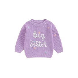 Baby Girl Cute Sweaters Sister Letter Flower Embroidery Long Sleeve Round Neck Knitwear Fall Winter Pullover Tops (A-Purple, 4 Years)