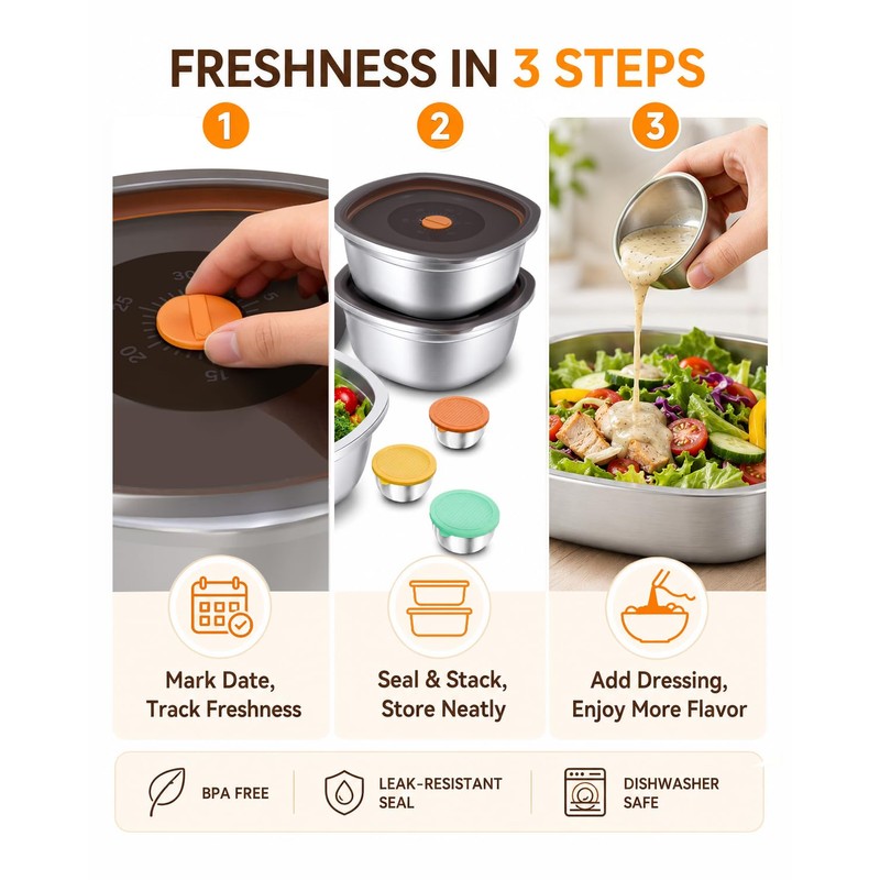 Miradexic 3-Pack Stainless Steel Salad Bowls to Go for Lunch,