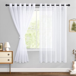 Hiasan White Sheer Curtains for Bedroom with Tiebacks, Light Filtering Voile Textured Drape Airy Extra Wide Grommet Window Curtains for Living Room, Sliding Door, Nursery, W70 x L63, 2 Soft Panels