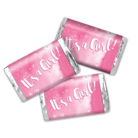 Pink Watercolor Girl Baby Sprinkle Baby Shower Mini Chocolate Candy Bar Sticker Wrappers, 45 1.4" x 2.6" Wrap Around Labels by Amanda Creation, Great for Party Favors