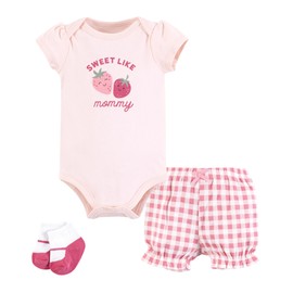 Hudson Baby Infant Girls Bodysuit, Short and Sock, Strawberry Love, 3-6 Months