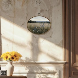 LKETW Vintage Wildflower Field Oval Wall Art Decor, Cottagecore Country Flower Landscape Oval Canvas Hanging Decor, Farmhouse Rustic Floral Wall Decorations for Home Living Room Bedroom, 8.6x11.4 Inch