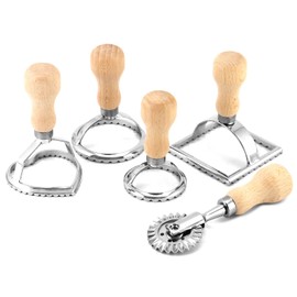 QWORK Ravioli Stamp Maker Cutter with Roller Wheel Set – Wood Handle, Sturdy Aluminum Frame, Precise Fluted Edges – Perfect for Ravioli, Pasta, Cookies