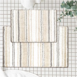 Chardin home Maui Bath Mat, Set of 2 Bath Rugs (17 Inches x24 Inches & 21 Inches x34 Inches) | Non Slip Bathroom Rug, Machine Washable, Plush, Highly Absorbent | White- Beige
