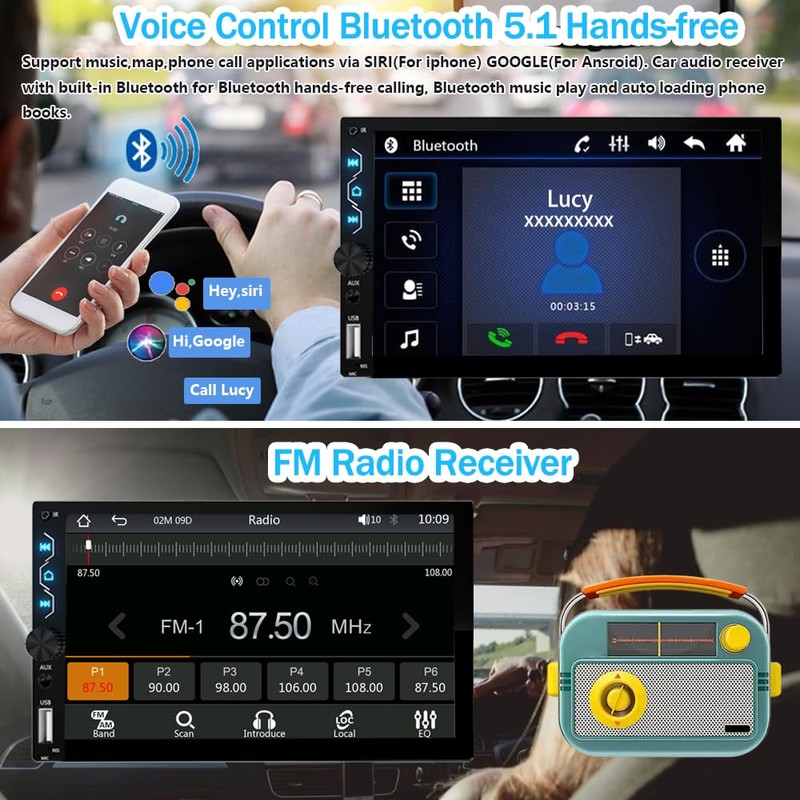 Double Din Car Stereo with Wireless Carplay,Wireless Android Auto,7 inch