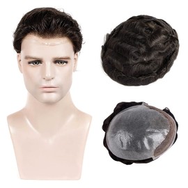 Amiable hair piece for men Soft Thin Skin PU Single Knotted with 1.5 Inch Lace frontal toupee for men Men's Replacement Hair system 8X10 inch 0.06mm(#1B Off Black)