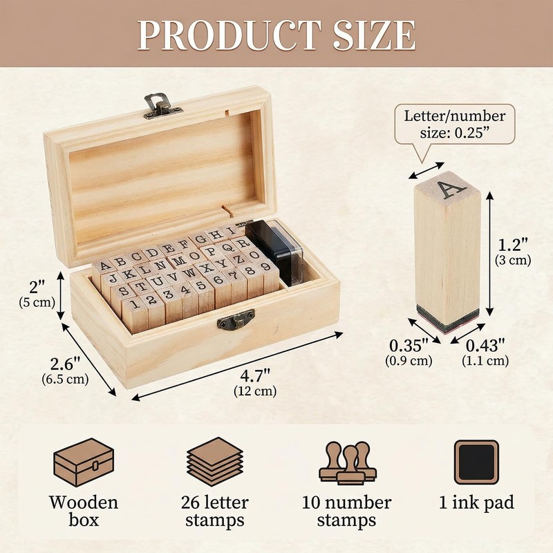 houlishu 36 Pcs Alphabet Number Stamps - Wooden Rubber Vintage