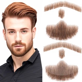 S-noilite Men Fake Beard Realistic Mustache Full Hand Tied Facial Lace Beards Human Hair - Brown3