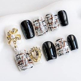 Sun&Beam Nails Handmade Short Medium Square Black False Nail Tips with Cute 3D Ribbon Pearl Popular Charm Design Press On Nails 10 Pcs (#47 XS)