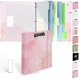 Etzul 3 Ring Binder 1 inch with Clipboard - Pink & Gold Marble Design, Includes Dividers, File Bag & Spine Label - Stylish and Durable for Everyday Use, Holographic Waterproof Film
