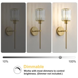 KARTOOSH Hardwired Crystal Wall Sconces Set of Two - Dimmable Wall Light Fixtures 3000K, Warm White, for Hallway, Bathroom, Living Room, Bedroom, Brass, 20.1 Inch