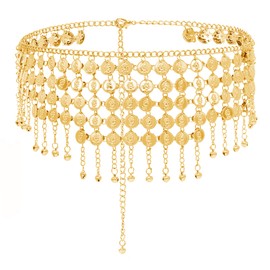 Pandalein Women's Belt Fashion Waist Belt Metal Chain Belt Fringe Belly Dance Belt Coin Belt Adjustable Waist Chain Waist Chain for Dresses, 0007 Gold