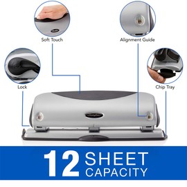 Swingline 3 Hole Punch, Desktop Hole Puncher, EasyView, 12 Sheet Punch Capacity, Silver/Black (74063)