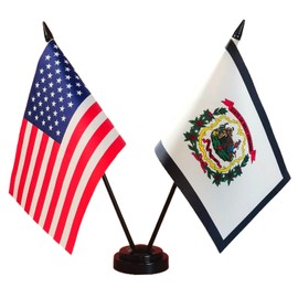 America & West Virginia Twin Desk Flag, US West Virginia Table Flags, 8 x 5 Inches American & West Virginia Deluxe Desk Flag Set - Miniature USA & West Virginia Stick Flag with Flag Stand