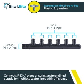 SharkBite 6 Port PEX Expansion Poly Tee, 3/4 Inch Closed Trunk with 1/2 Inch Outlet, Multi Line Water Manifold Plumbing Fittings for PEX-A Tubing, UAMPT6CZ
